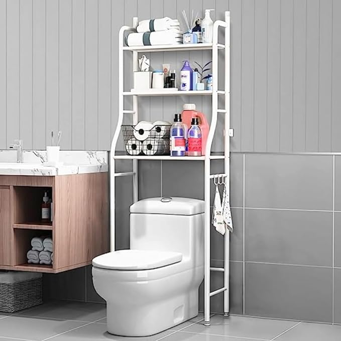 Toilet Storage Rack Over the Toilet – 4-Tier Bathroom Organizer Shelf with Towel Hooks & Toilet Paper Holder