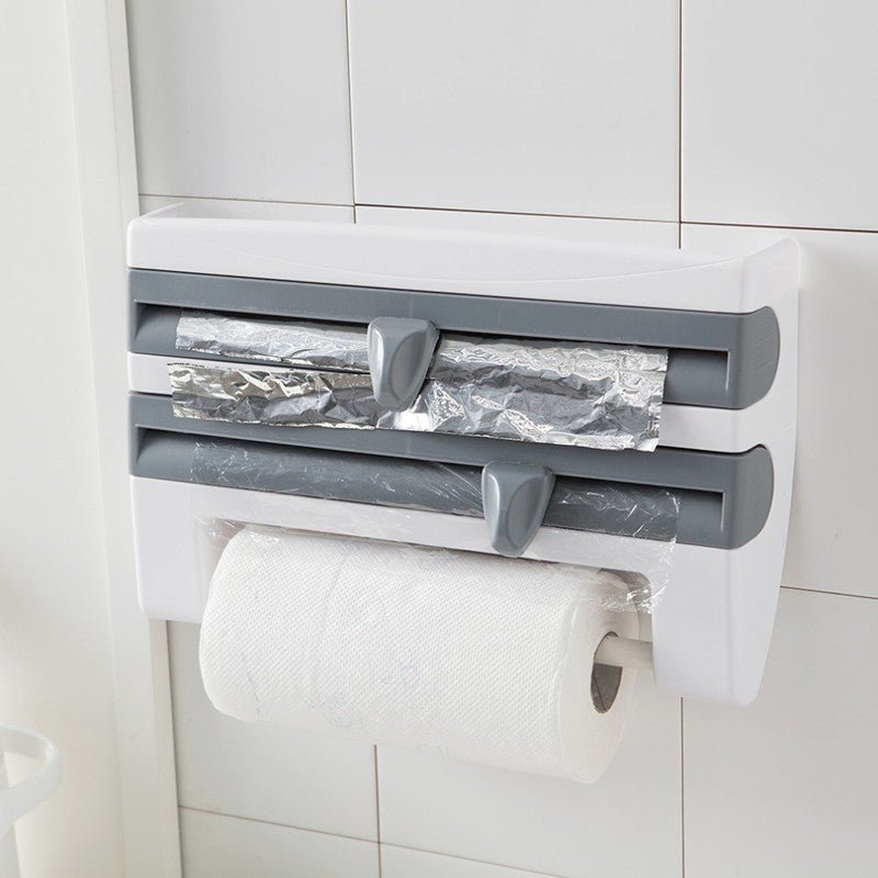 4-in-1 Kitchen Roll Holder Dispenser with Foil & Cling Film Cutter – Wall Mounted Tissue Paper & Wrap Organizer