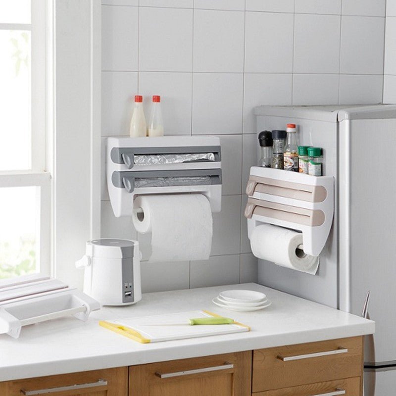 4-in-1 Kitchen Roll Holder Dispenser with Foil & Cling Film Cutter – Wall Mounted Tissue Paper & Wrap Organizer