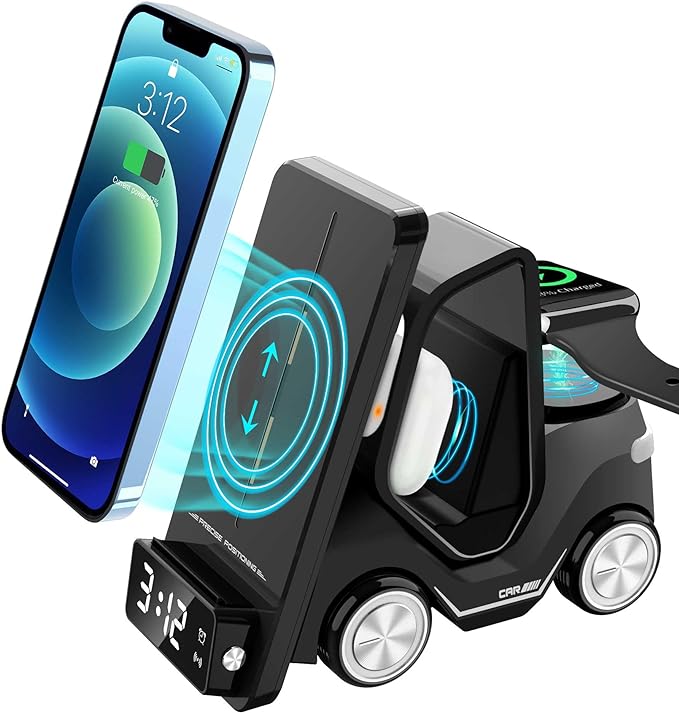 3-in-1 Forklift Wireless Charging Station – Fast Qi Charger, LED Alarm Clock & Night Light