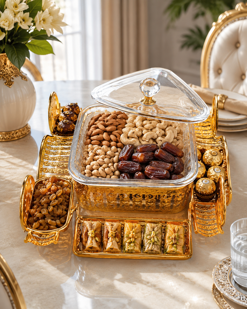Luxury Gold Carriage Serving Dish with Lid – Decorative Candy, Dry Fruit & Snack Serving Bowl