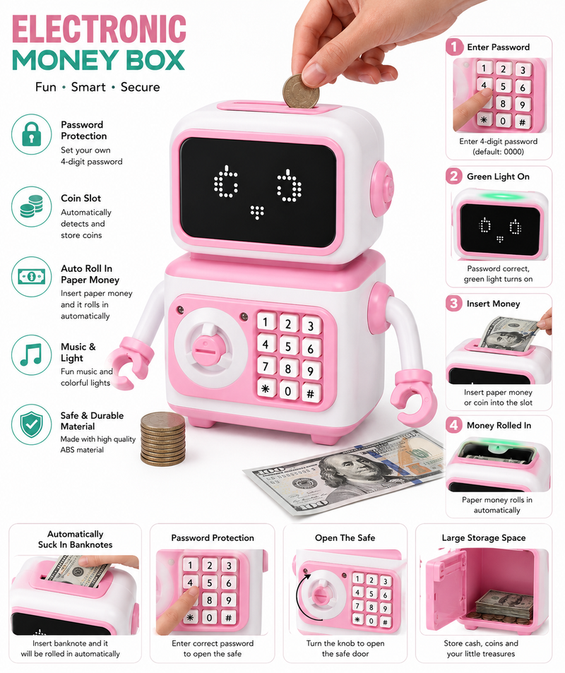 Robot Electronic Money Safe for Kids | Password Piggy Bank with Auto Cash Roll & Coin Bank