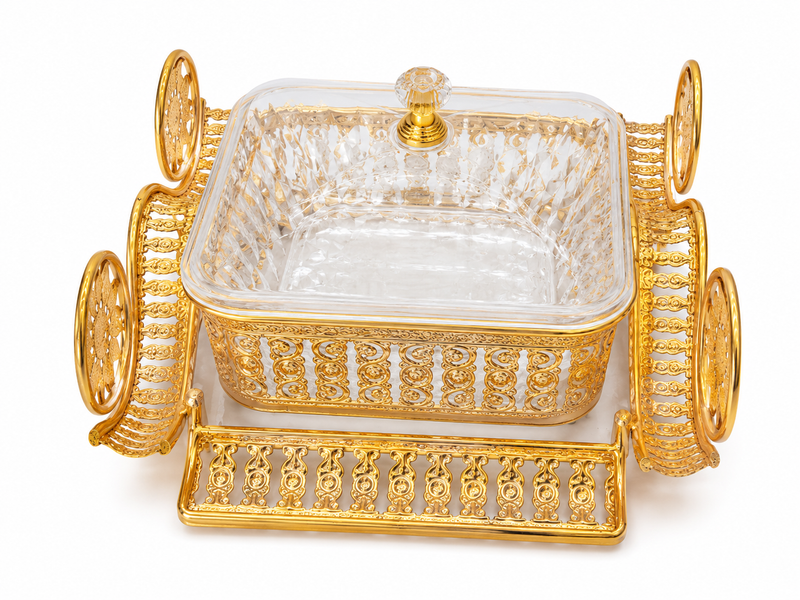 Luxury Gold Carriage Serving Dish with Lid – Decorative Candy, Dry Fruit & Snack Serving Bowl