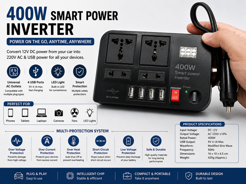 Multi-Port Smart Power Inverter – Portable Fast Charging Converter with AC Outlet, USB & Type-C Ports