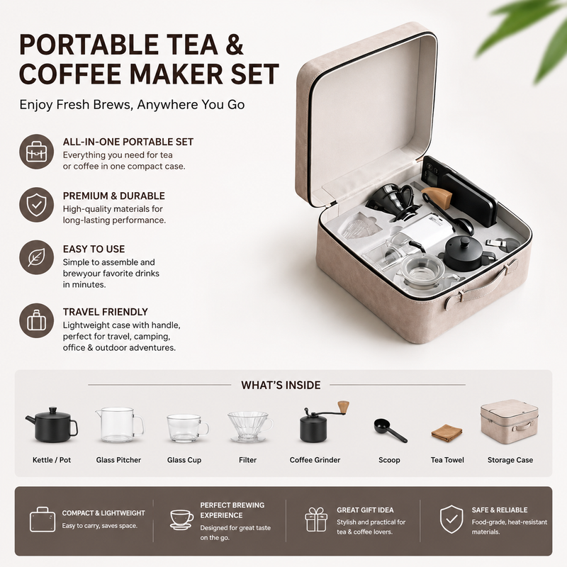 Portable Coffee Brewing Travel Kit – All-in-One Manual Coffee Maker Set with Hand Grinder, Dripper, Kettle & Carry Case | Compact Coffee Kit for Camping, Travel, Office & Outdoor Adventures